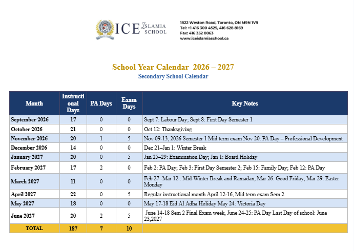 Secondary School Calendar 2026-2027